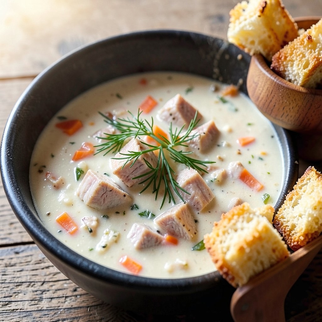 Сливочный сырный суп с копчёной курицей — фото готового блюда