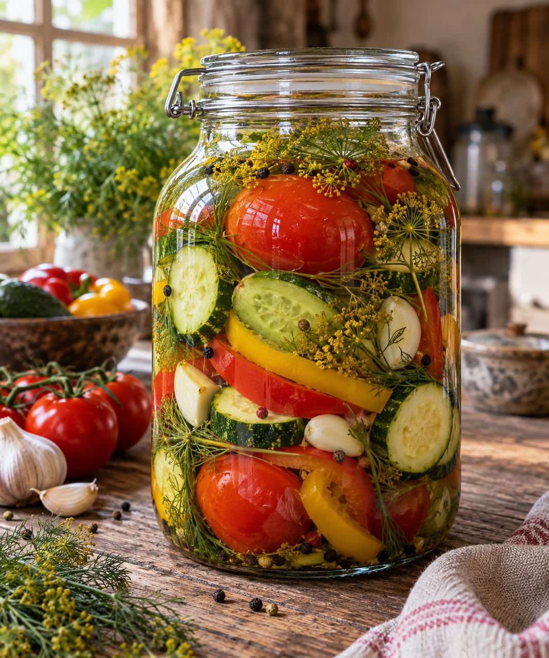 Яркое маринованное овощное ассорти с огурцами, томатами, кабачками и перцем в стеклянной банке.