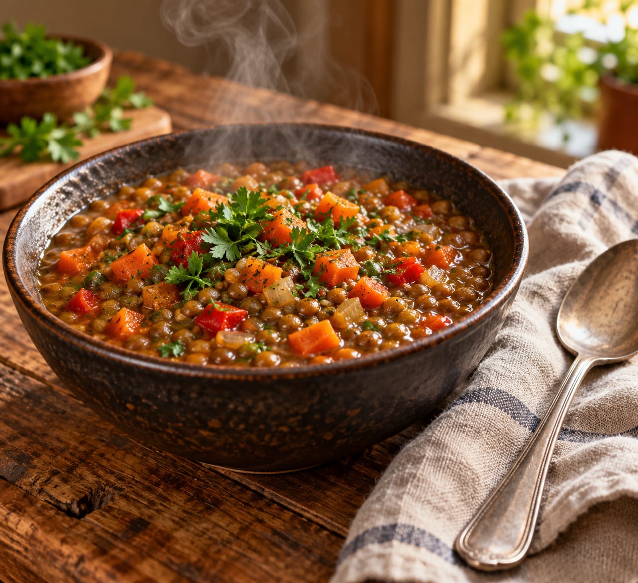 Тушёная зелёная чечевица с яркими кубиками моркови и перца в глиняной миске со свежей зеленью