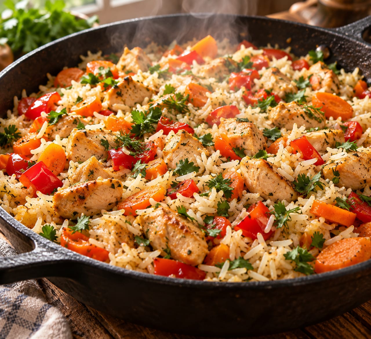 Сочный рис с кусочками куриного филе и тушеными овощами в глубокой сковороде