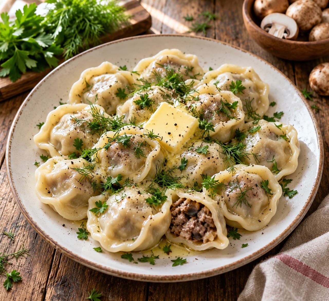 Домашние вареники с фаршем и грибами на белой тарелке с кусочком сливочного масла и зеленью