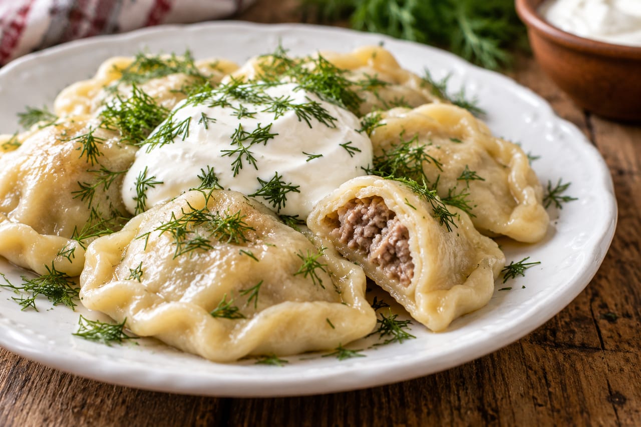 Домашние вареники с мясом на белой тарелке со сметаной и зеленью