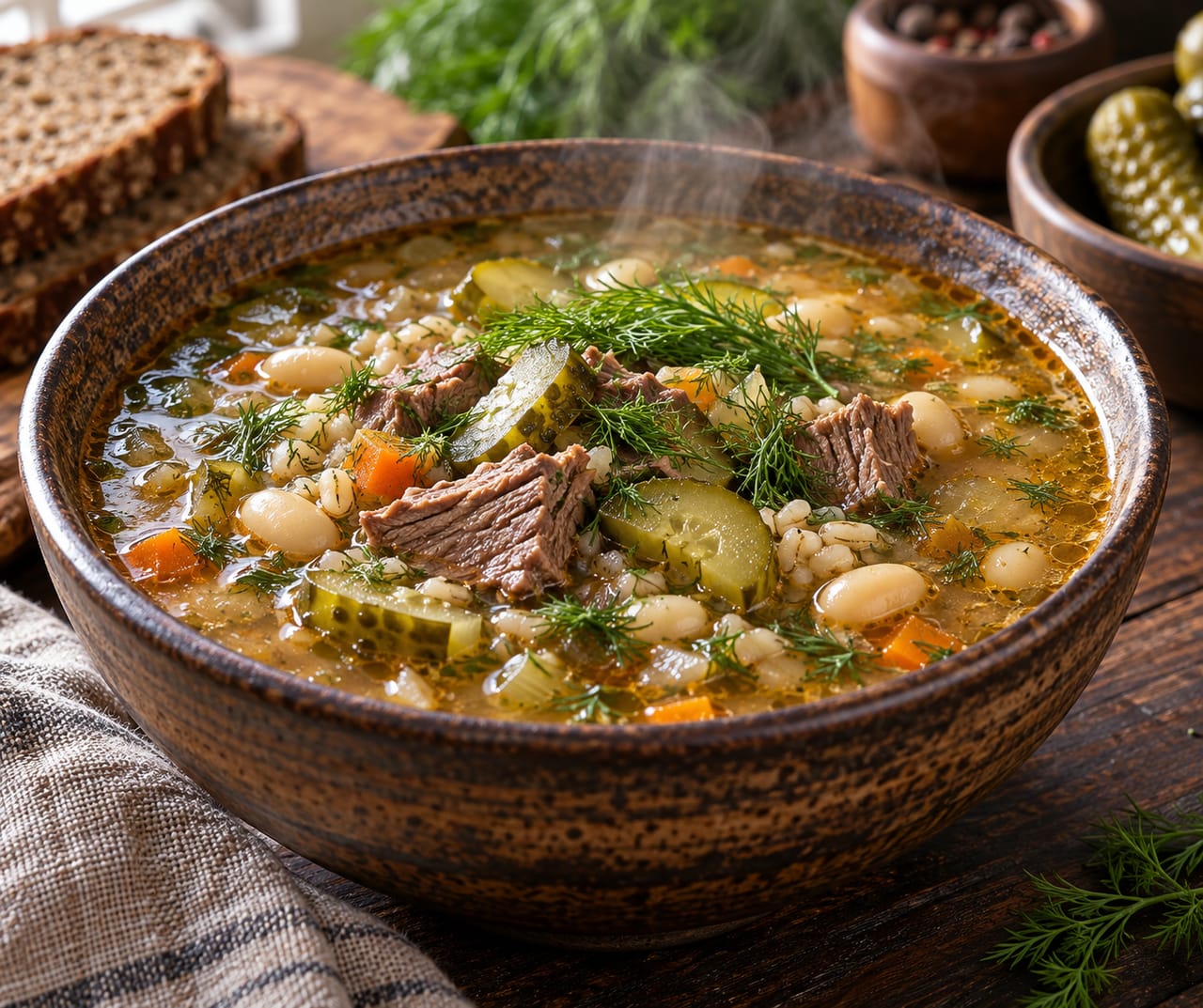 густой мясной рассольник в глубокой тарелке с зеленью и ложкой