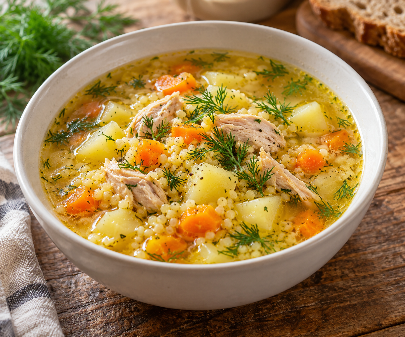 Густой золотистый куриный суп с пшеном, картофелем и морковью в глубокой белой тарелке, посыпанный мелко рубленной зеленью