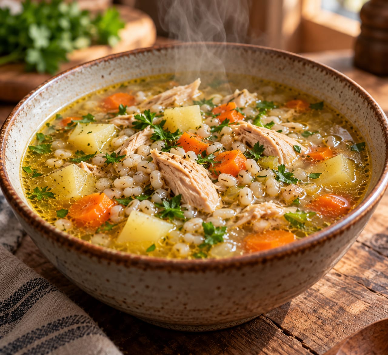 Густой наваристый куриный суп с перловкой и овощами в глубокой белой тарелке с зеленью