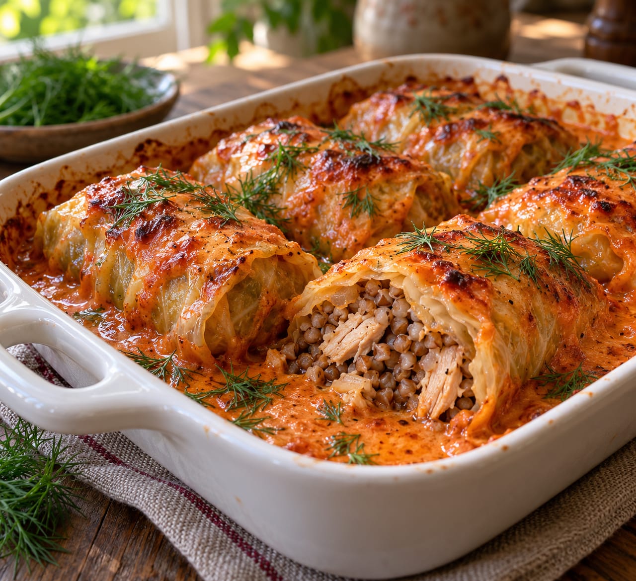 Фаршированные голубцы с курицей и гречкой в томатно-сметанном соусе в форме для запекания