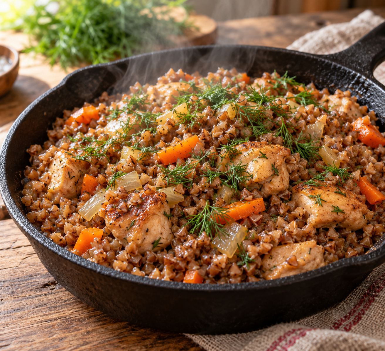 Расыпчатая гречка с обжаренными кусочками куриного бедра и морковью в глубокой керамической тарелке