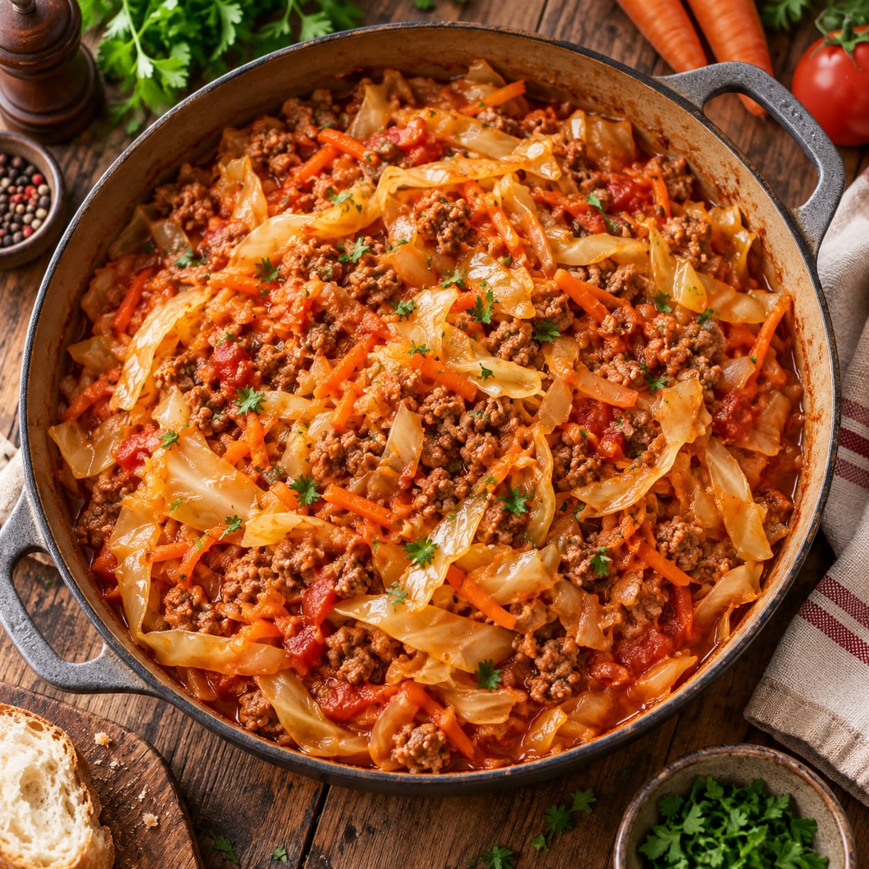 Сочная тушеная капуста с мясным фаршем и морковью на глубокой сковороде