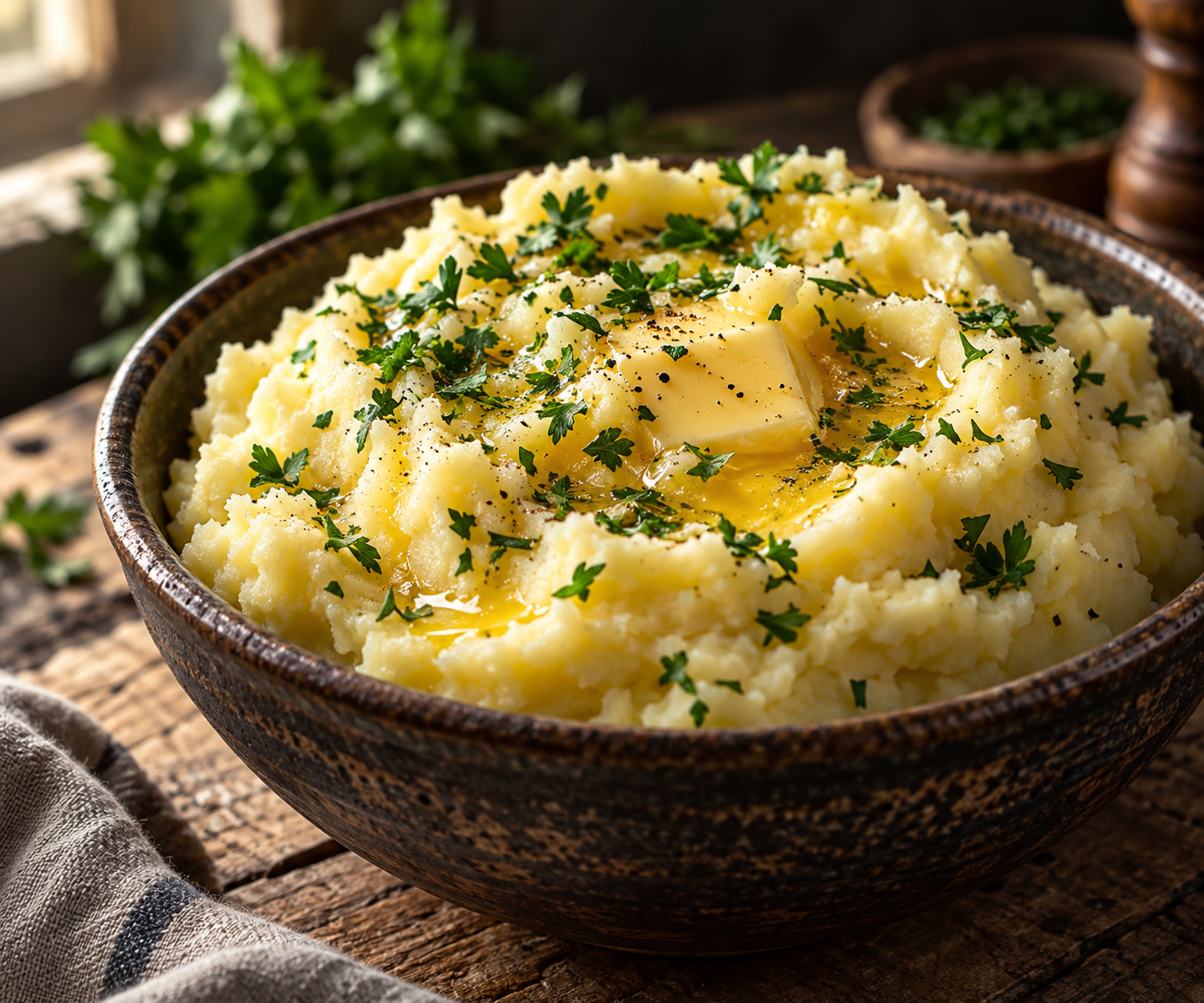 Пышное картофельное пюре с растопленным сливочным маслом и свежей зеленью в керамической миске
