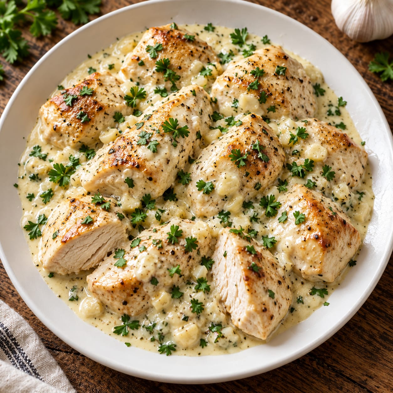 Кусочки куриного филе в густом белом сливочном соусе с зеленью петрушки на белой тарелке