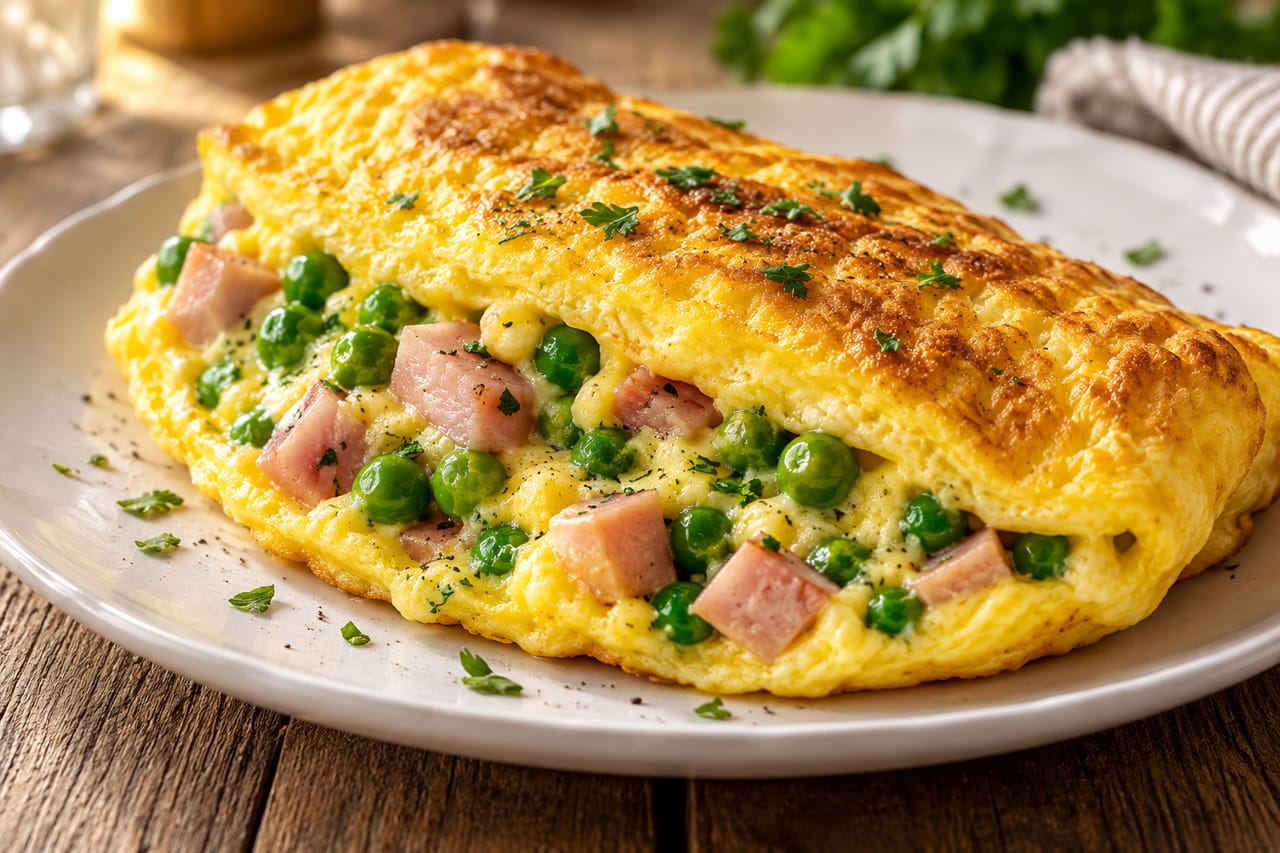 Пышный желтый омлет с кусочками розовой вареной колбасы и зеленым горошком на белой тарелке
