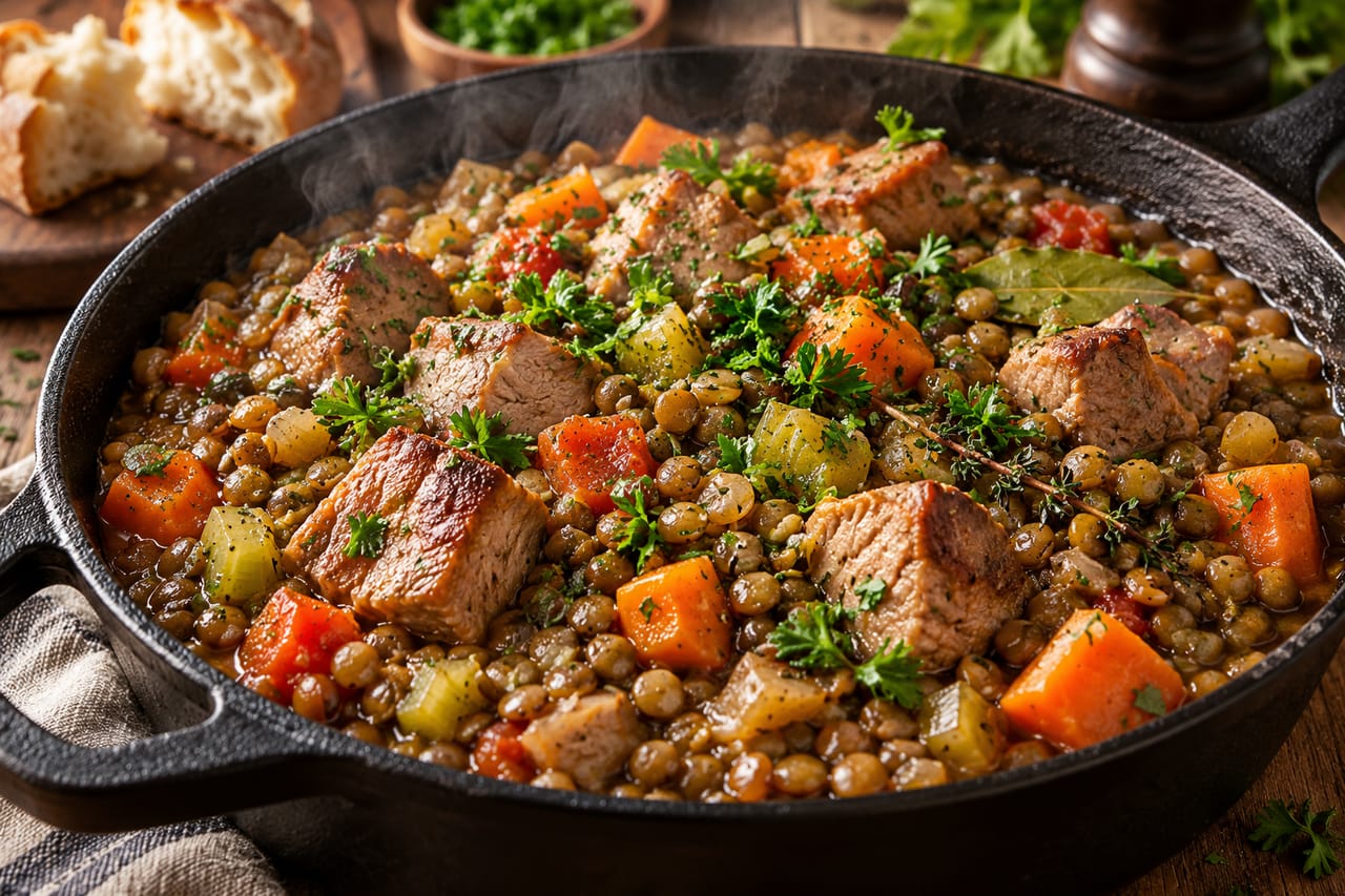 Ароматная тушеная чечевица с кусочками мяса и овощами в глубокой сковороде, посыпанная зеленью