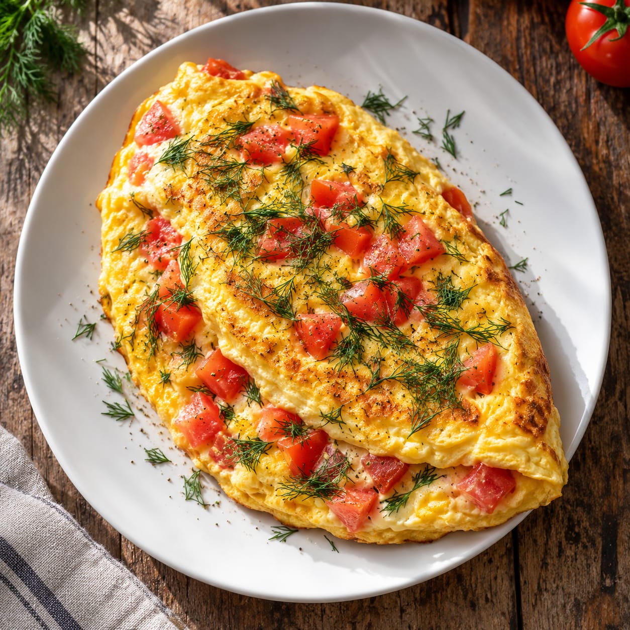 Пышный румяный омлет с кусочками красных помидоров и зеленью на круглой белой тарелке