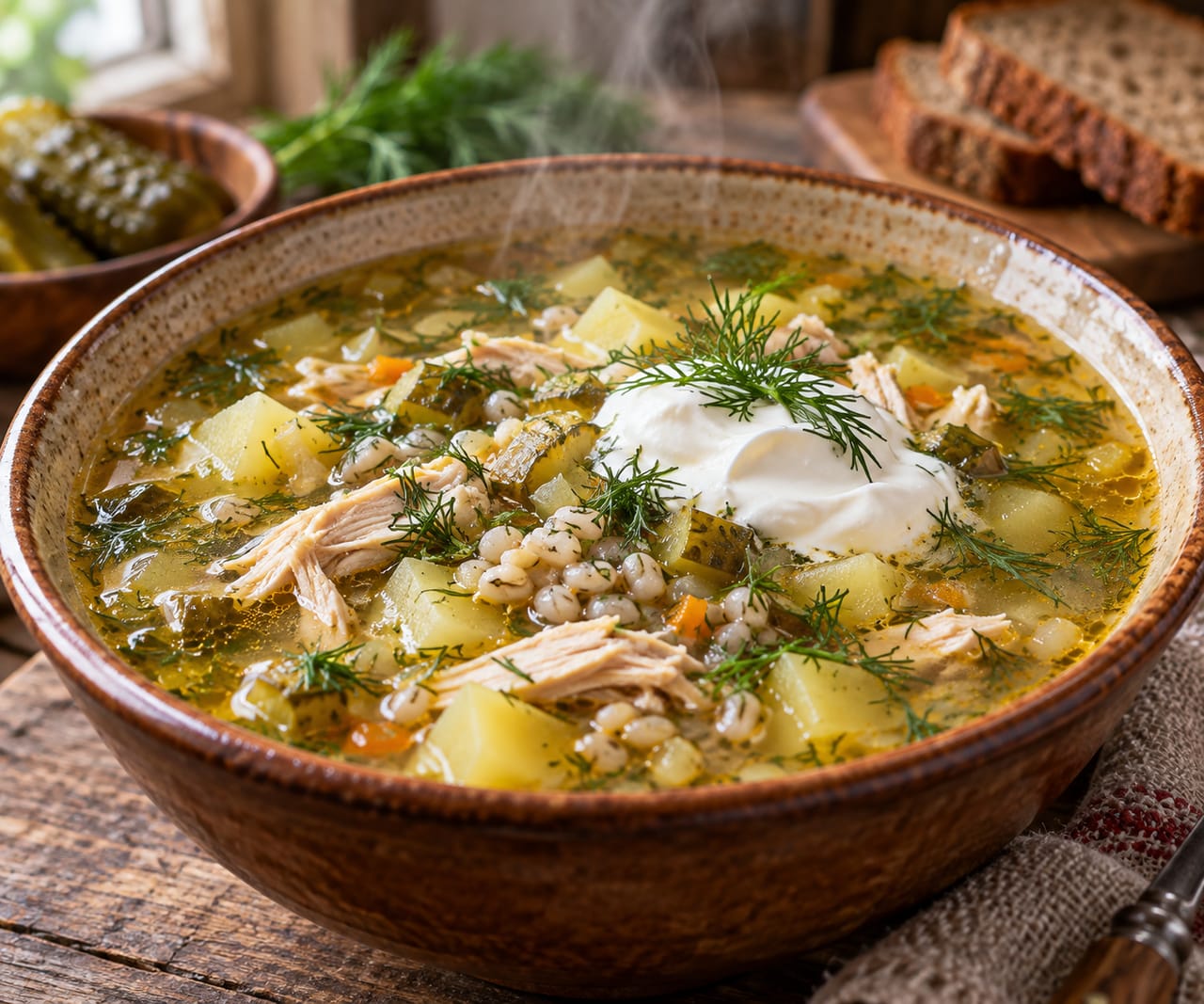 Густой рассольник с курицей и перловкой в глубокой белой тарелке со сметаной и зеленью
