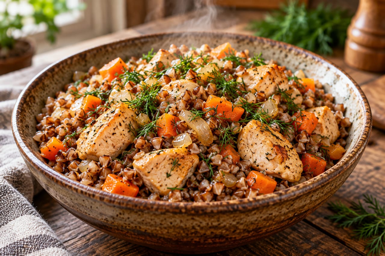 Горячая рассыпчатая гречневая каша с сочными кусочками куриного филе, морковью и зеленью