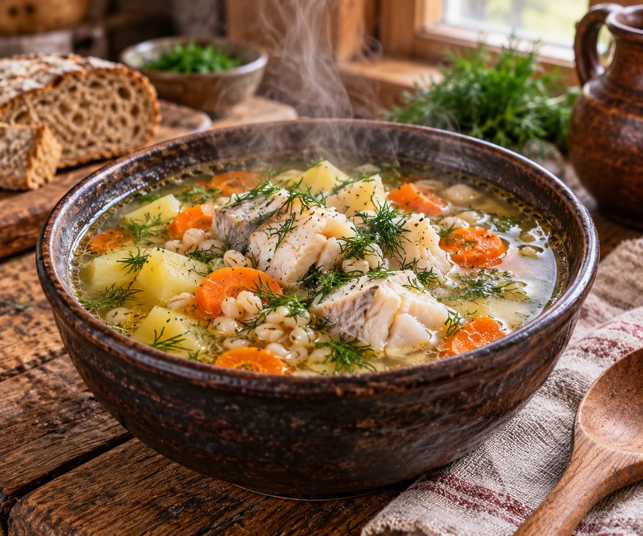 Прозрачная уха с перловкой, кусочками белой рыбы, картофелем, морковью и укропом в керамической тарелке
