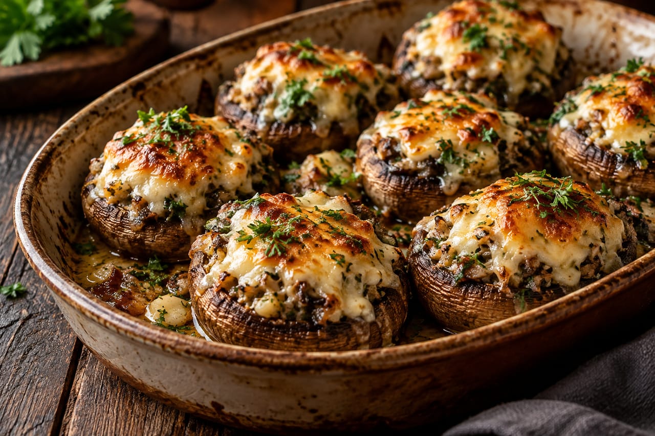 Запечённые фаршированные шампиньоны с золотистой сырной корочкой и зеленью на форме для запекания