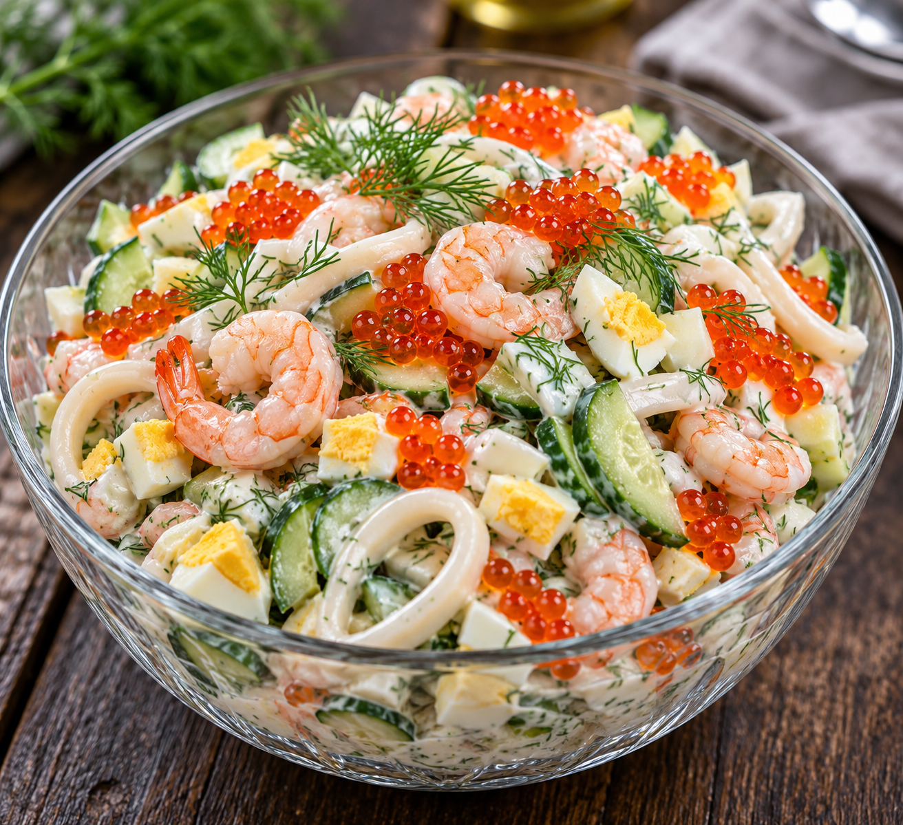 Морской салат с кальмарами, креветками, огурцом и красной икрой в прозрачной пиале