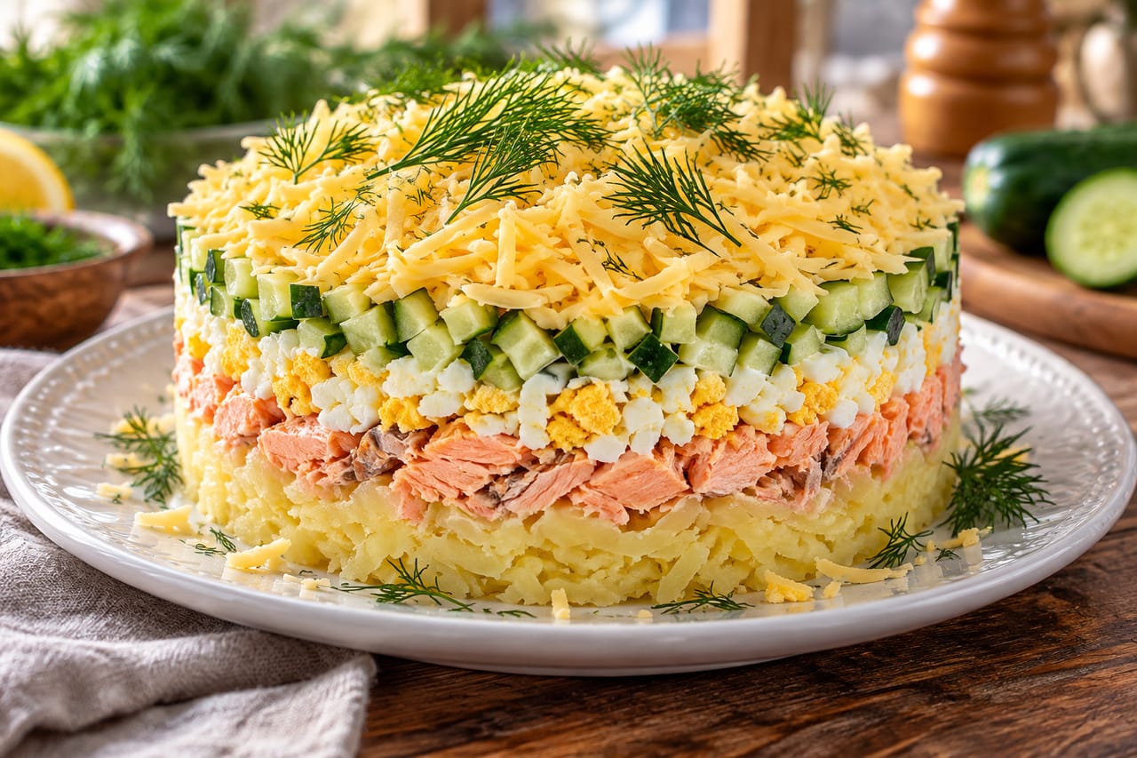 Слоёный салат с консервированной горбушей, сыром и свежим огурцом в кулинарном кольце на белой тарелке