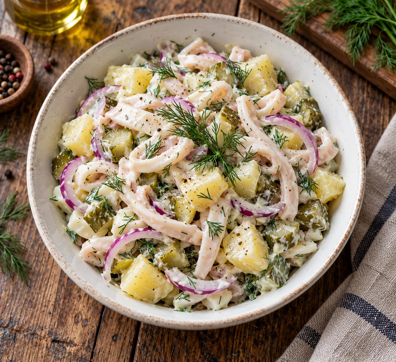 Салат с кальмарами, картофелем и солеными огурцами в белом салатнике с зеленью
