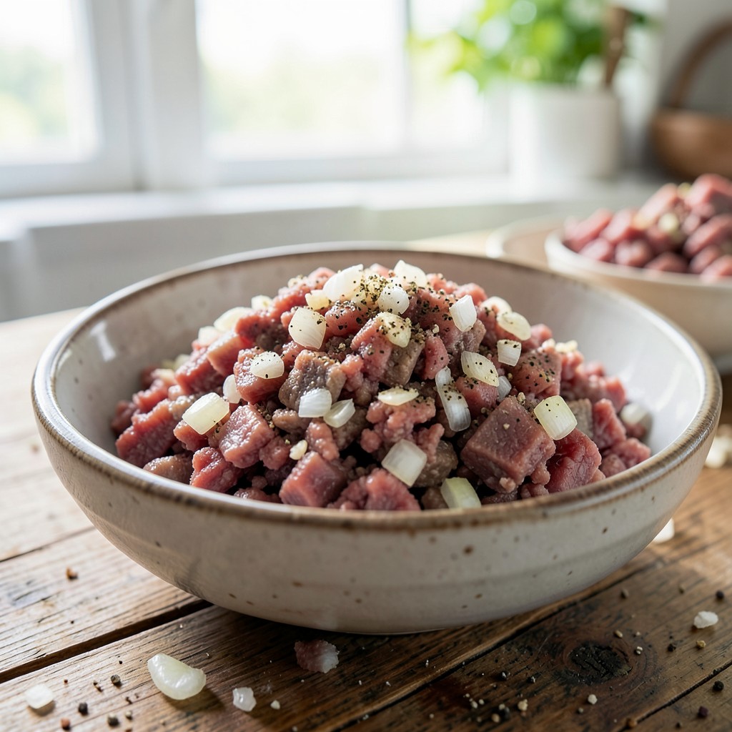 Свежий мясной фарш в глубокой миске с нарезанным луком и специями на деревянном столе