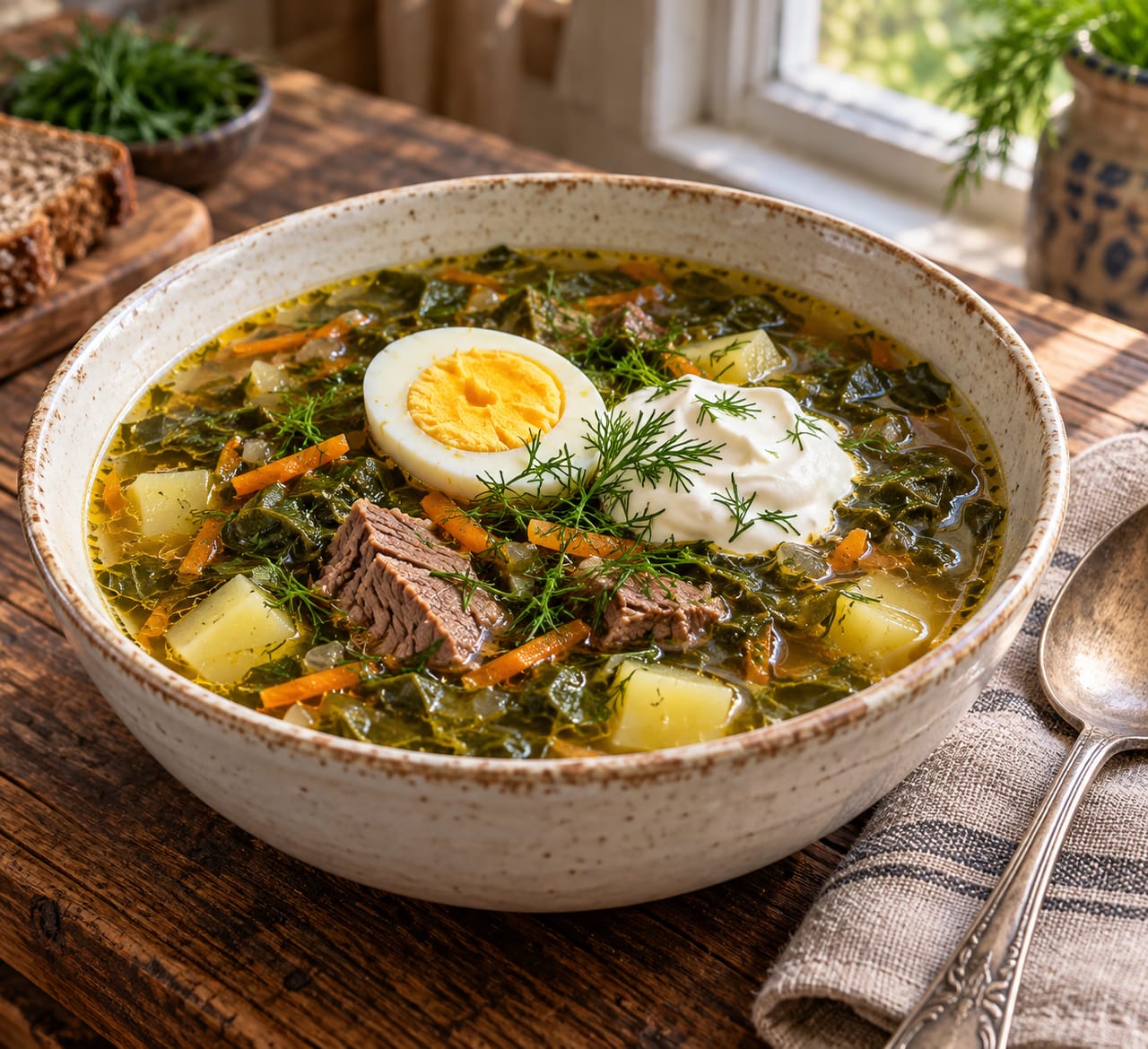 Тарелка горячих зеленых щей из щавеля с кусочками мяса, половинкой вареного яйца и ложкой сметаны.