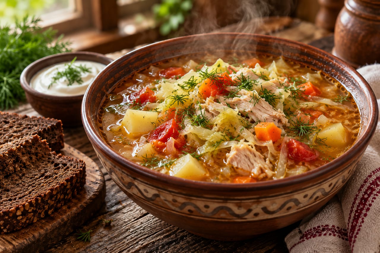 Глубокая белая тарелка наваристых щей с курицей, шинкованной капустой, яркими томатами и зеленью