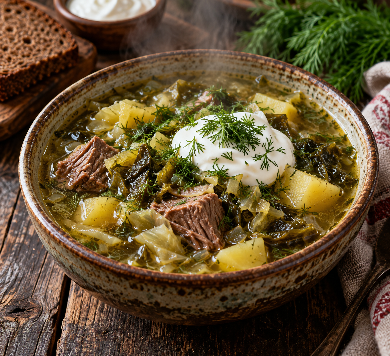 наваристые серые щи в глиняной тарелке с кусочками говядины, картофелем и ложкой сметаны