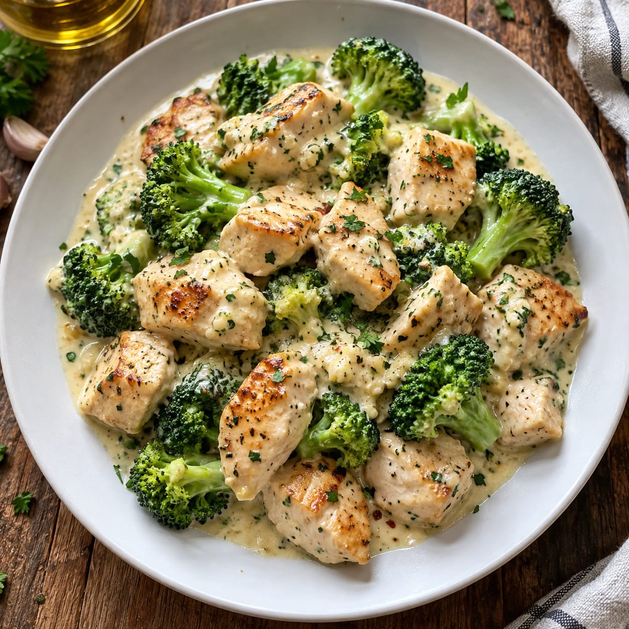 Кусочки сочной куриной грудки и зеленые соцветия брокколи в кремовом сливочном соусе на белой тарелке