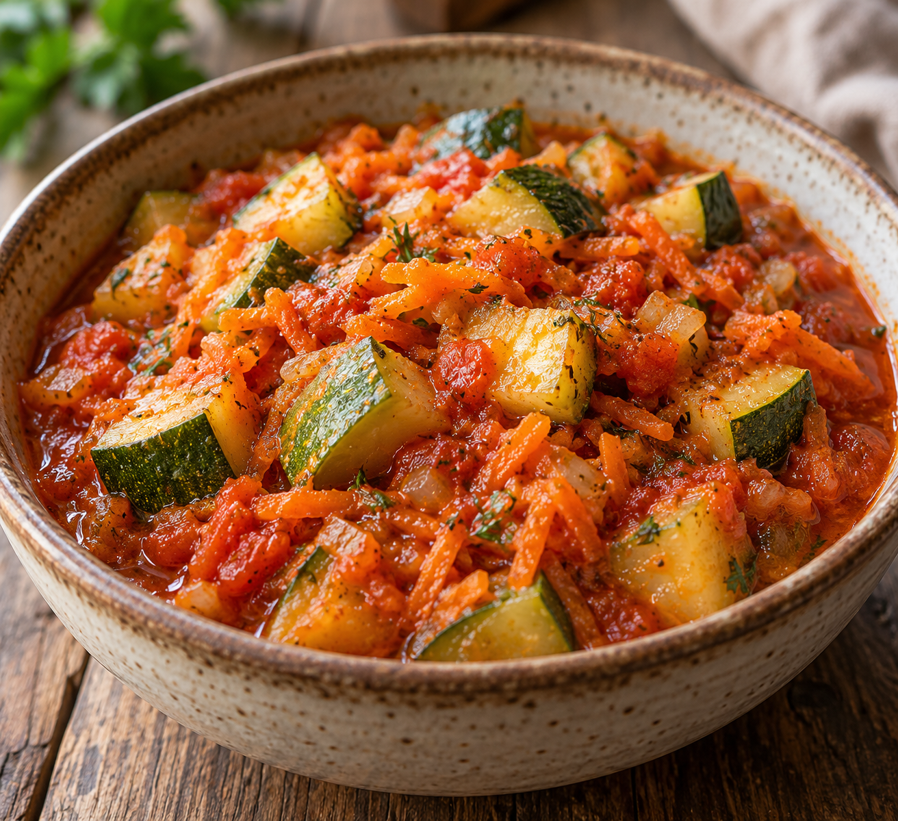 Свежеприготовленное овощное рагу из кабачков и моркови в глубокой керамической тарелке, украшенное зеленью