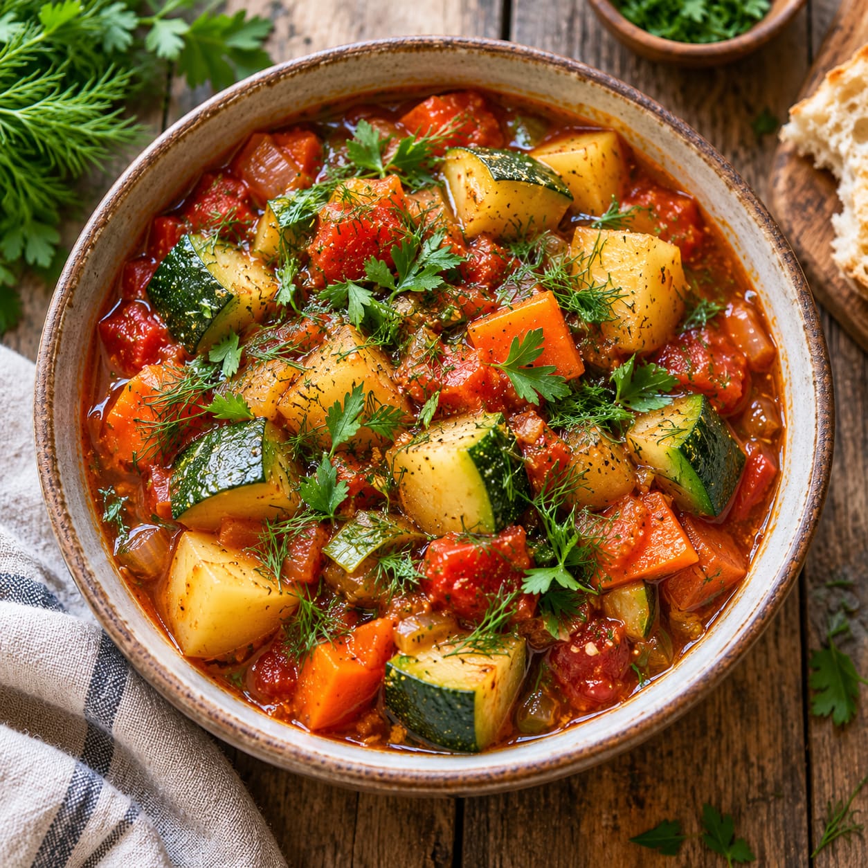 Густое овощное рагу из кабачков, картофеля и моркови в глубокой керамической тарелке, посыпанное зеленью