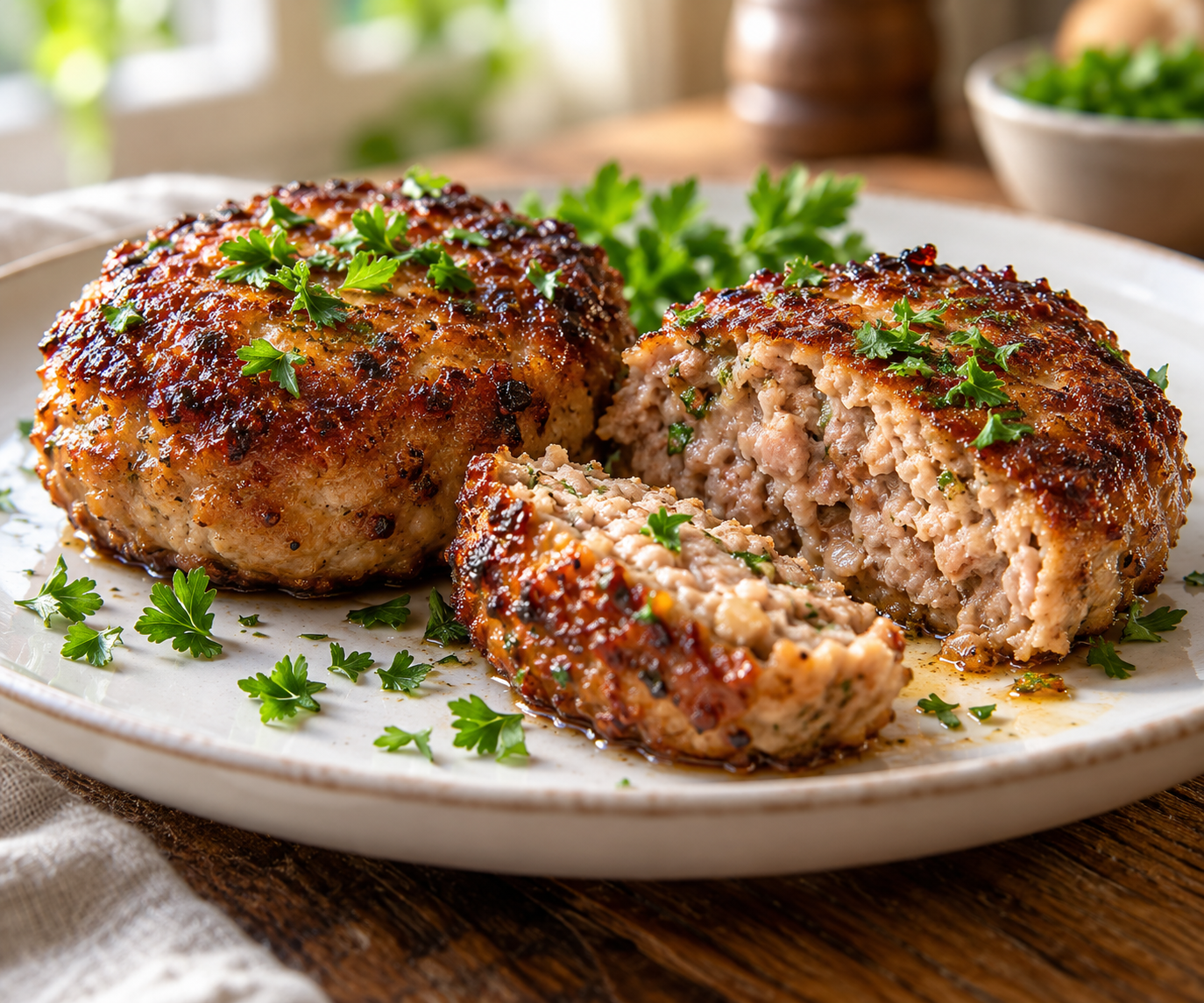 Сочные обжаренные мясные котлеты с золотистой корочкой и свежей зеленью на белой керамической тарелке