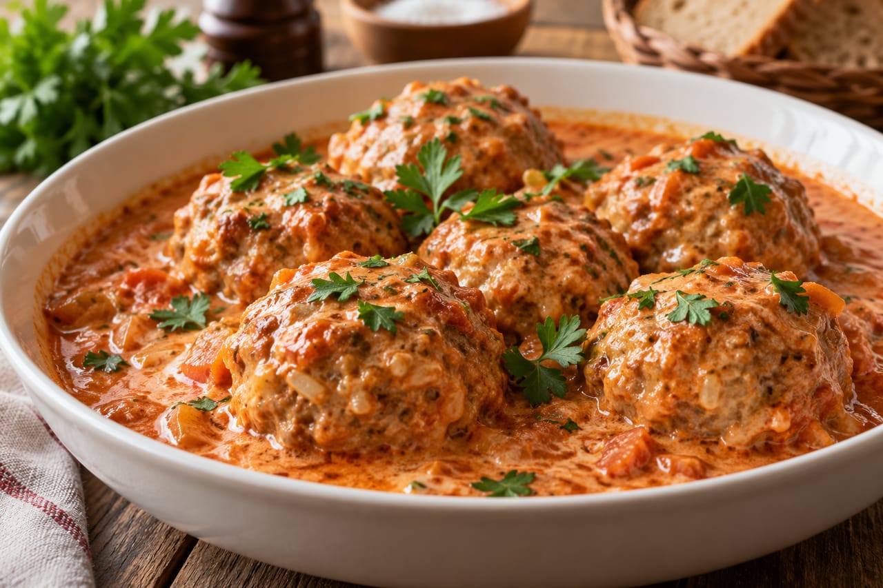 Румяные мясные тефтели в густом томатно-сметанном соусе с петрушкой на белой тарелке