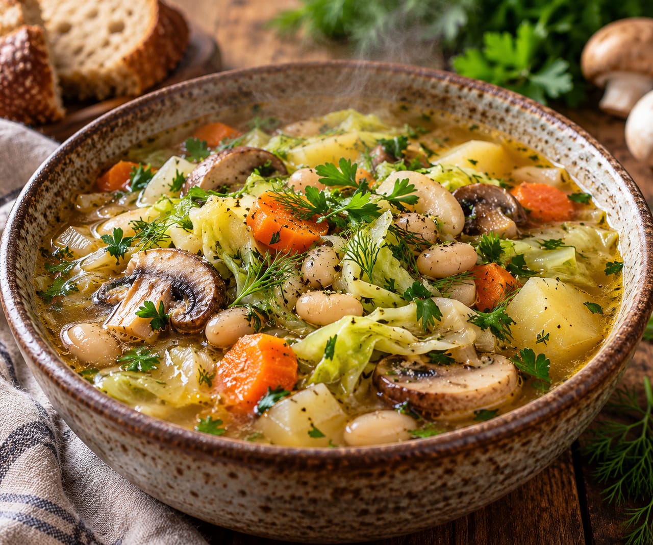 Густые постные щи со свежей капустой, фасолью и шампиньонами в глиняной тарелке, украшенные зеленью