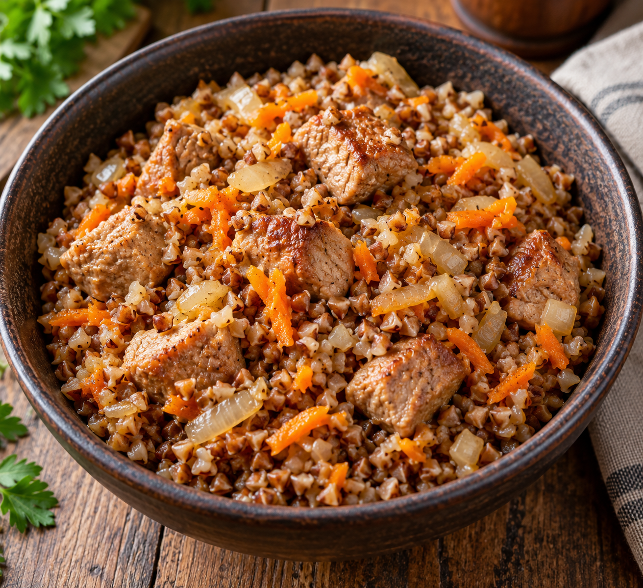 Аппетитная рассыпчатая гречка с кусочками тушеной свинины, морковью и луком на глубокой тарелке