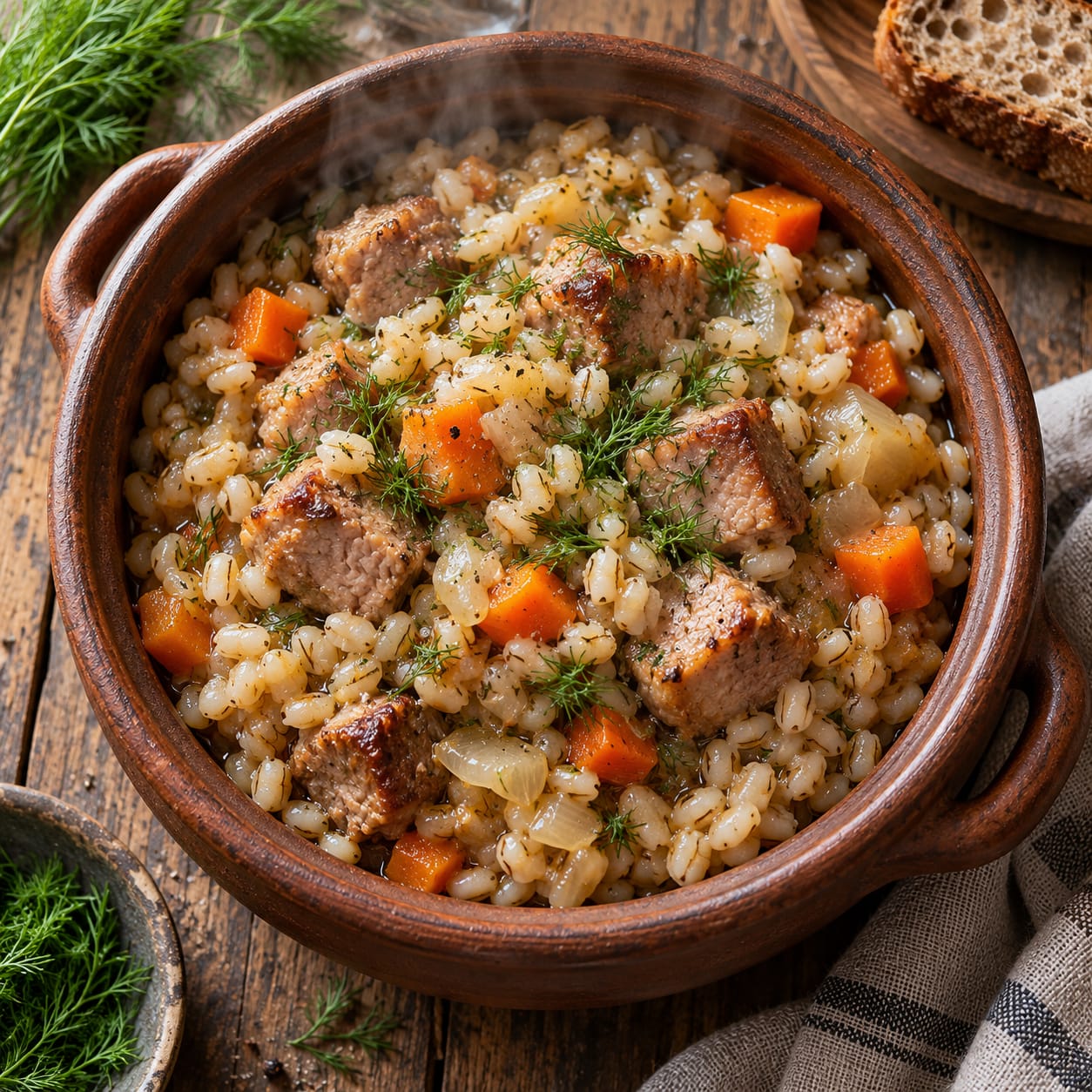 Порционный керамический горшочек с томившейся перловой крупой и кусочками запеченной свинины, украшенный свежей зеленью