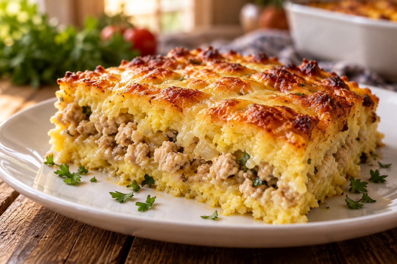 румяная запеканка из манки с куриным фаршем и сырной корочкой на белой тарелке