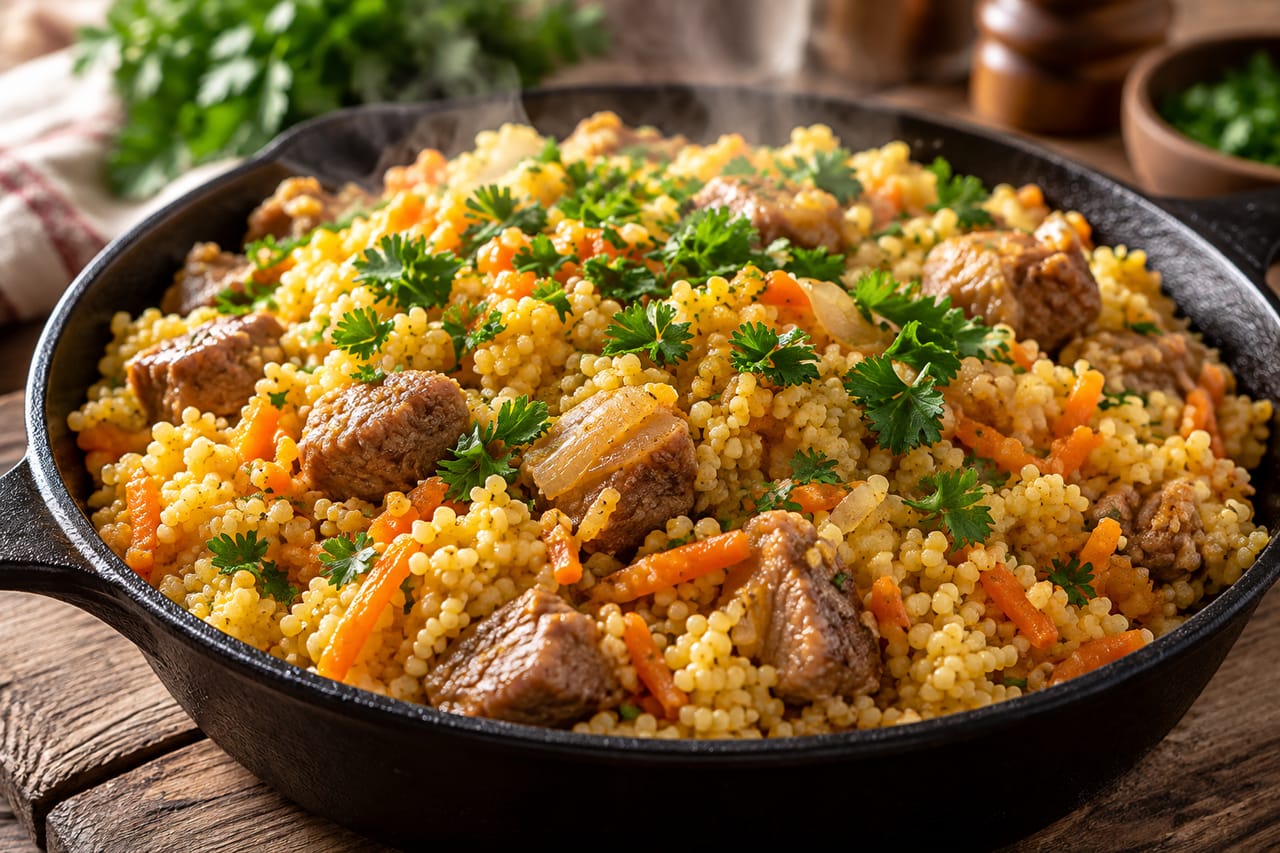 Сытное пшено с тушеным мясом и овощами в глубокой сковороде, украшенное свежей зеленью