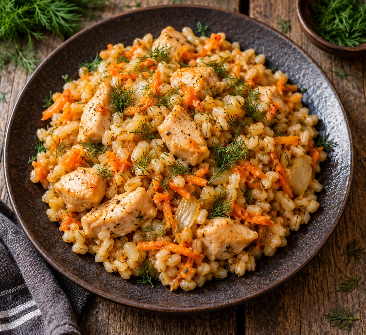 Сытная перловая каша с кусочками куриного филе и моркови на глубокой керамической тарелке