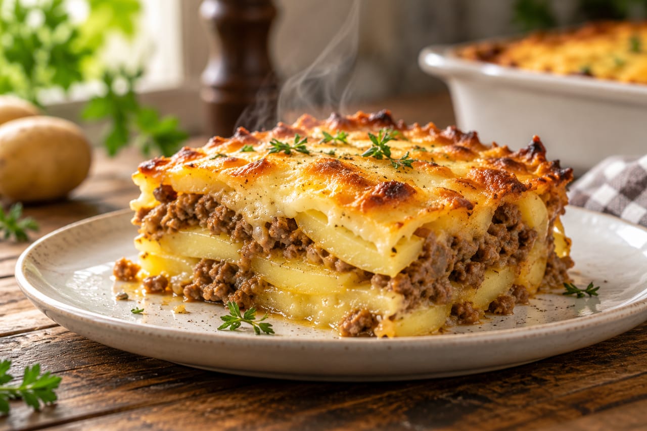 Кусочек румяной картофельной запеканки с фаршем и расплавленным сыром на белой тарелке