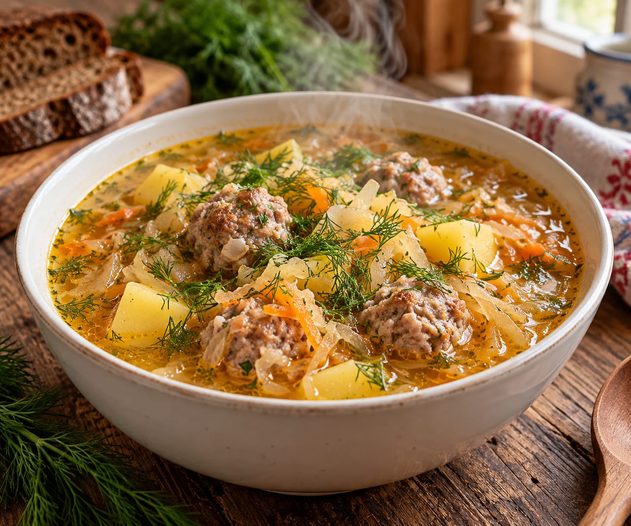 Густые щи с фрикадельками, картофелем и квашеной капустой в глубокой белой тарелке со свежей зеленью