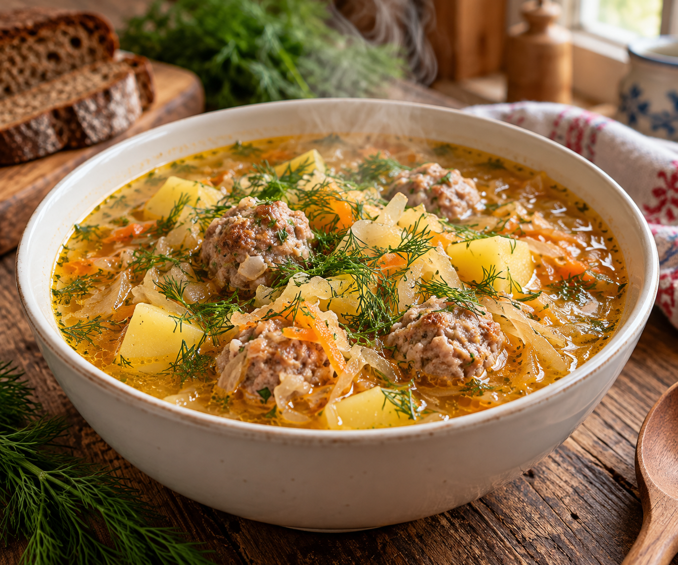 Густые щи с фрикадельками, картофелем и квашеной капустой в глубокой белой тарелке со свежей зеленью