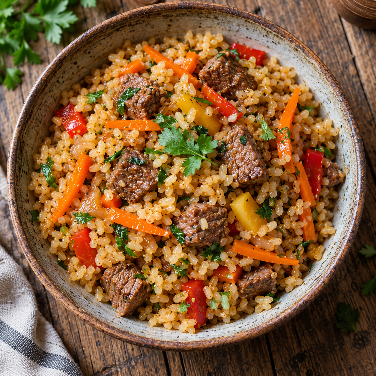Сытный булгур с кусочками говядины, морковью и болгарским перцем на глубокой керамической тарелке, украшенный зеленью