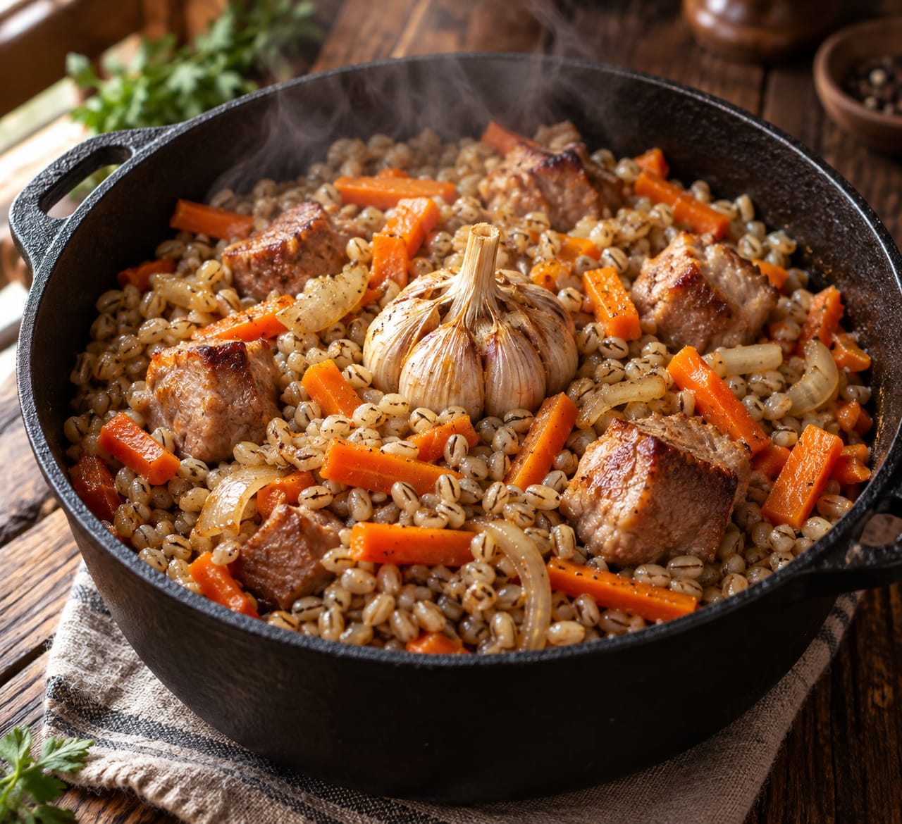 Сытный плов из перловки с мясом, морковью и целой головкой чеснока в глубоком казане на деревянном столе