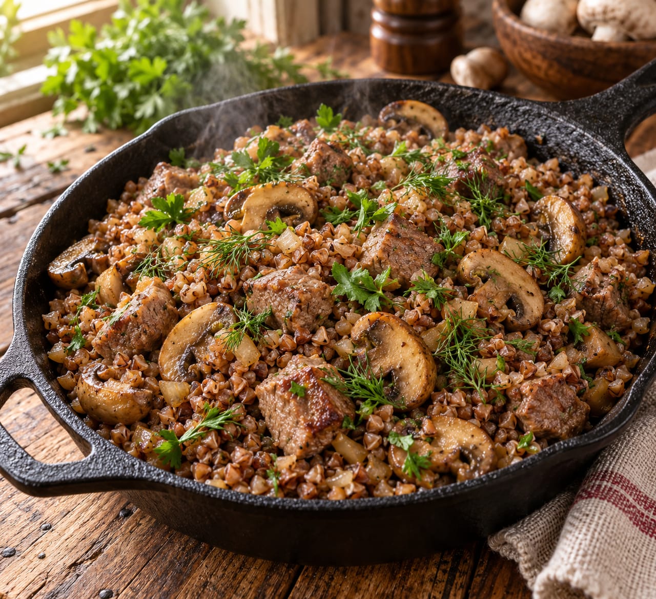 рассыпчатая коричневая гречка с кусочками мяса и обжаренными шампиньонами в глубокой сковороде