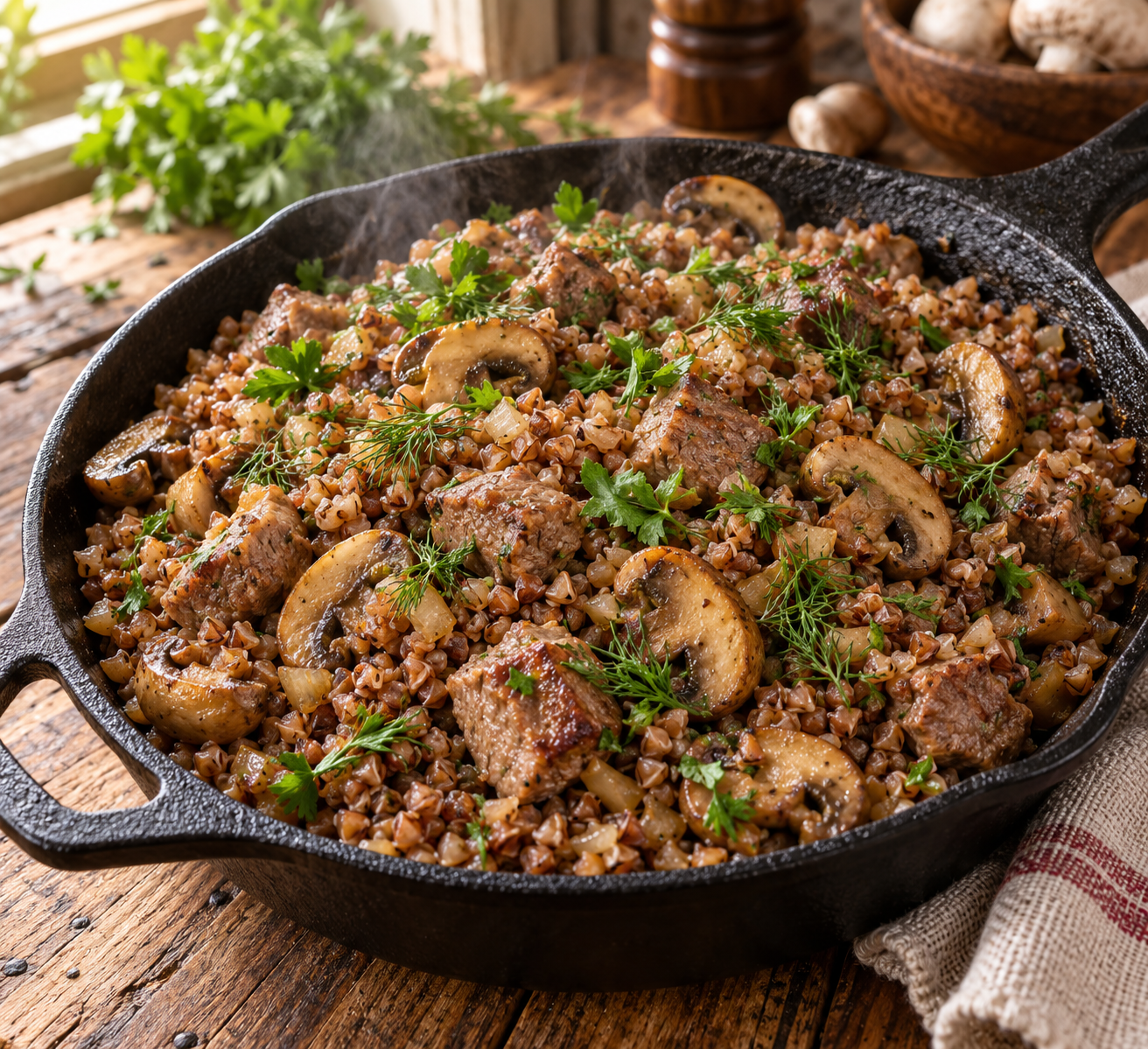 рассыпчатая коричневая гречка с кусочками мяса и обжаренными шампиньонами в глубокой сковороде