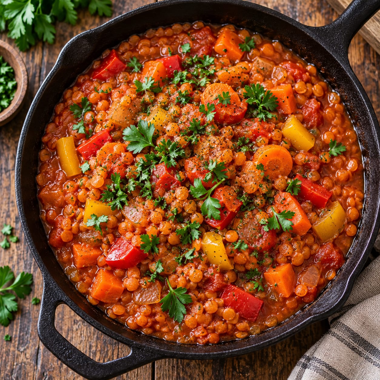 густая красная чечевица с овощами и томатами в глубокой сковороде, украшенная зеленью