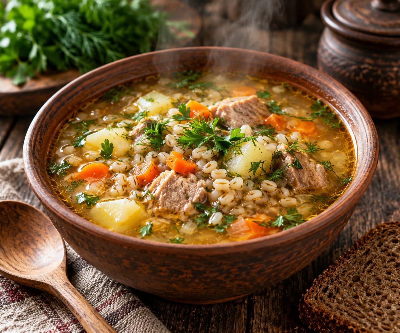 Сытный суп со свининой, перловой крупой, кусочками картофеля и зеленью в керамической тарелке