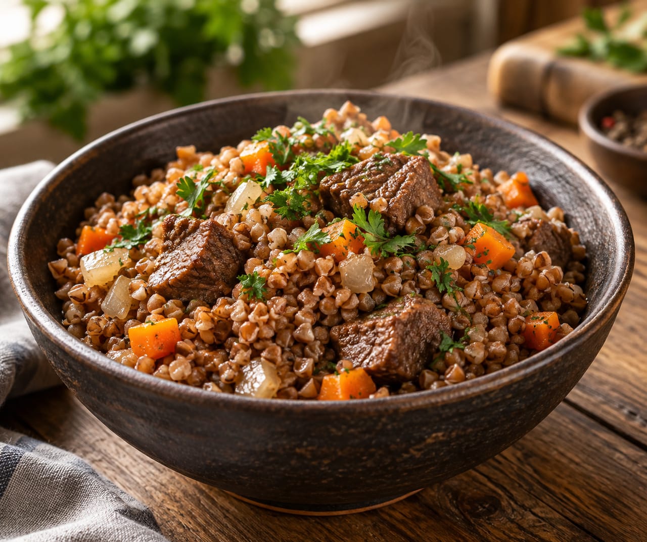 Тушеная гречка с кусочками говядины и морковью в керамической тарелке, украшенная зеленью