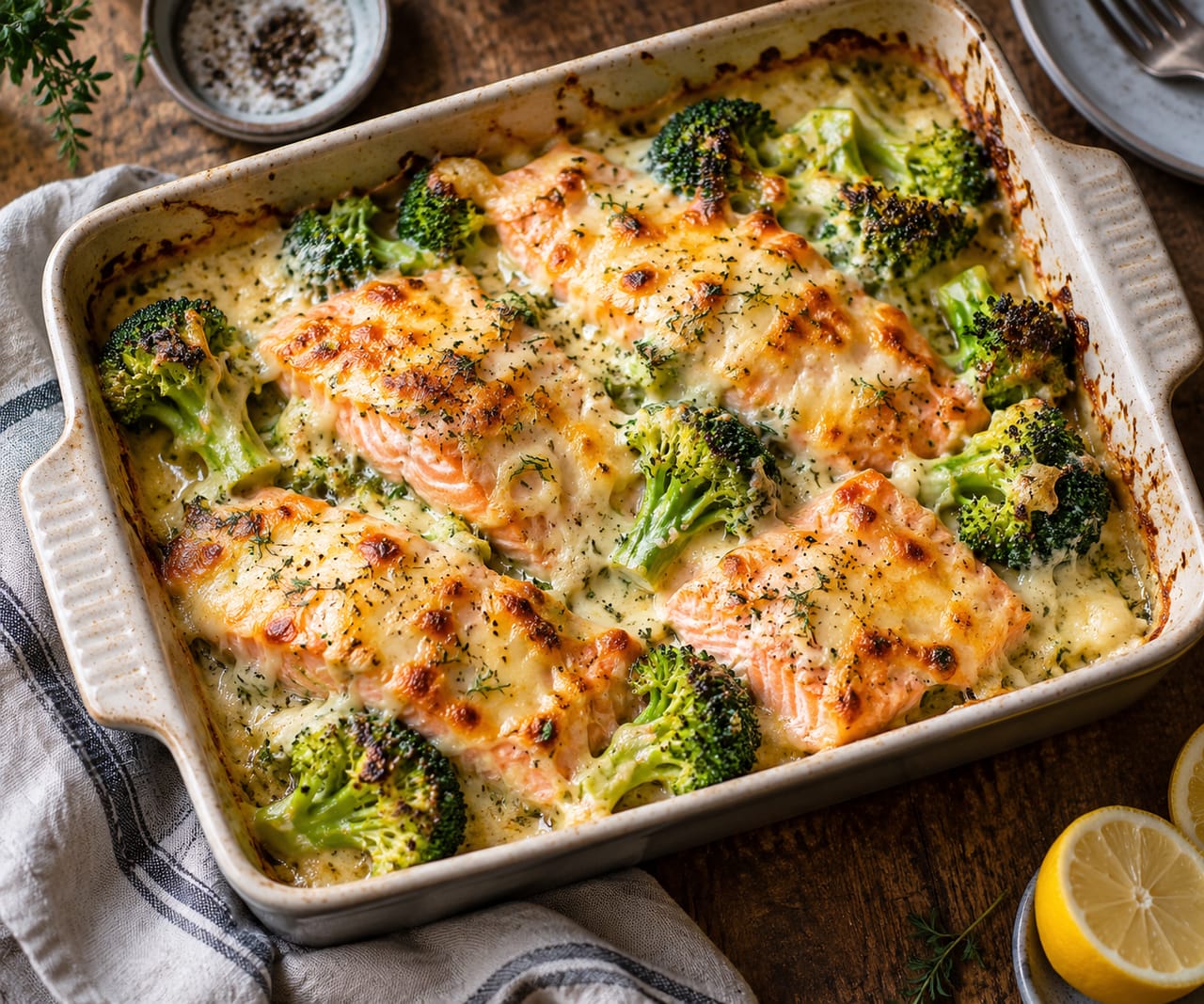 кусочки запеченной форели и соцветия брокколи под золотистой сырной корочкой в сливочном соусе
